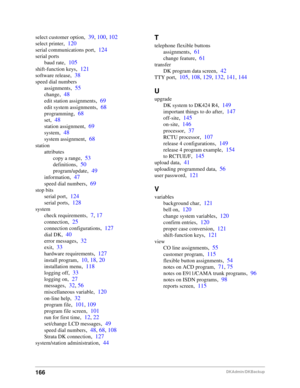 Page 176166DKAdmin/DKBackup
select customer option,39, 100, 102
select printer,120
serial communications port,124
serial ports
baud rate
,105
shift-function keys,121
software release,38
speed dial numbers
assignments
,55
change,48
edit station assignments,69
edit system assignments,68
programming,68
set,48
station assignment,69
system,48
system assignment,68
station
attributes
copy a range
,53
definitions,50
program/update,49
information,47
speed dial numbers,69
stop bits
serial port
,124
serial ports,128...