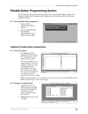 Page 71––––––––––––––––––––––––––––––––––––––––––––––––––––––––––––––Flexible Button Programming Section
61Administration Menu (DKAdmin)
Flexible Button Programming Section
The Flexible Key Programming Section option in the Administration Menu enables you to 
maintain flexible button assignments for telephones, add-on modules, DSS consoles and 
attendant consoles. 
äTo access flexible button assignments
1. Type a and the 
Administration Menu 
appears.
2. Type u and the Flexible 
Key Program 
Administration...