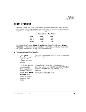 Page 27Features
Night Transfer
Strata DK ACD Supervisor 3/9919
Night Transfer
Incoming calls to your group can be routed to different destinations, based on either 
two- or three-call routing (ringing) patterns which are set in system programming. The 
Night Transfer LED indicates the active routing pattern:
Up to four Night Transfer (
1LJKW7UDQVIHU) and Tenant Night Transfer (1LJKW
7UDQVIHUa
) buttons can be assigned and controlled independently. Check with 
the System Administrator for any additional...