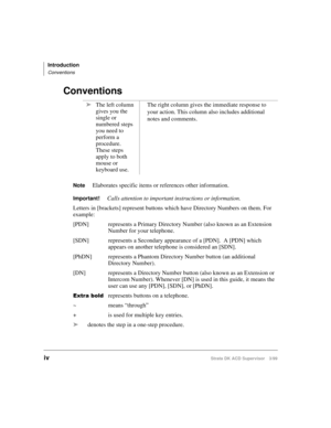 Page 6Introduction
Conventions
ivStrata DK ACD Supervisor 3/99
Conventions
NoteElaborates specific items or references other information.
Important!Calls attention to important instructions or information.
Letters in [brackets] represent buttons which have Directory Numbers on them. For 
example:
[PDN] represents a Primary Directory Number (also known as an Extension 
Number for your telephone.
[SDN] represents a Secondary appearance of a [PDN].  A [PDN] which 
appears on another telephone is considered an...
