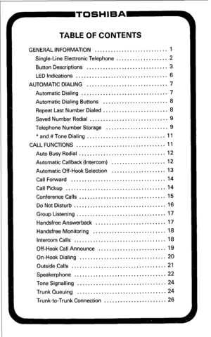 Page 5TABLE OF CONTENTS 
GENERAL INFORMATION ........................... 1 
Single-Line Electronic Telephone ................... 2 
Button Descriptions .............................. 3 
LED Indications .................................. 6 
AUTOMATIC DIALING .............................. 7 
Automatic Dialing ................................ 7 
Automatic Dialing Buttons ........................ 8 
Repeat Last Number Dialed 
.... . .................... 8 
Saved Number Redial ............................. 9...