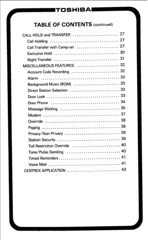 Page 6TABLE OF CONTENTS (continued) 
CALL HOLD and TRANSFER ........................ 
27 
Call Holding .................................... 27 
Call Transfer with Camp-on ...................... 27 
Exclusive Hold .................................. 
30 
Night Transfer .................................. 31 
MISCELLANEOUS FEATURES ...................... 32 
Account Code Recording ......................... 
32 
Alarm ......................................... 33 
Background Music (BGM) ........................ 33...