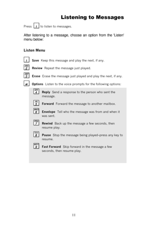 Page 16 11 Listening to Messages 
Press   to listen to messages.  
After listening to a message, choose an option from the Listen 
menu below: 
Listen Menu   Save  Keep this message and play the next, if any.  Review  Repeat the message just played.  Erase  Erase the message just played and play the next, if any.  Options  Listen to the voice prompts for the following options:  Reply  Send a response to the person who sent the 
message.  Forward  Forward the message to another mailbox.  Envelope  Tell who the...