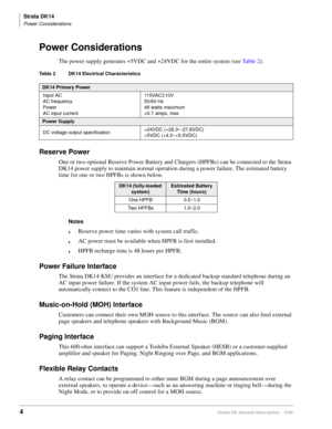 Page 20Strata DK14
Power Considerations
4Strata DK General Description    6/00
Power Considerations
The power supply generates +5VDC and +24VDC for the entire system (see Ta b l e  2).
Table 2 DK14 Electrical Characteristics
Reserve Power
One or two optional Reserve Power Battery and Chargers (HPFBs) can be connected to the Strata 
DK14 power supply to maintain normal operation during a power failure. The estimated battery 
time for one or two HPFBs is shown below.
Notes
Reserve power time varies with system...