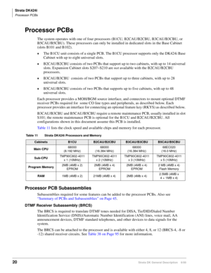 Page 36Strata DK424i
Processor PCBs
20Strata DK General Description    6/00
Processor PCBs
The system operates with one of four processors (B1CU, B2CAU/B2CBU, B3CAU/B3CBU, or 
B5CAU/B5CBU). These processors can only be installed in dedicated slots in the Base Cabinet 
(slots B101 and B102).
The B1CU unit consists of a single PCB. The B1CU processor supports only the DK424i Base 
Cabinet with up to eight universal slots.
B2CAU/B2CBU consists of two PCBs that support up to two cabinets, with up to 14 universal...
