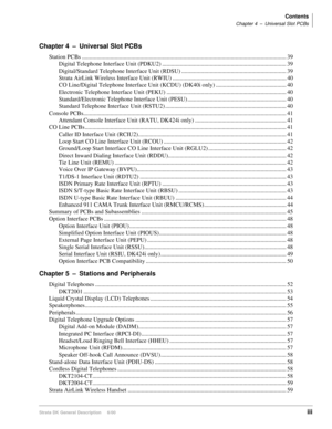 Page 7Contents
Chapter 4–Universal Slot PCBs
Strata DK General Description     6/00iii
Chapter 4–Universal Slot PCBs
Station PCBs ......................................................................................................................................... 39
Digital Telephone Interface Unit (PDKU2) ................................................................................... 39
Digital/Standard Telephone Interface Unit (RDSU)...