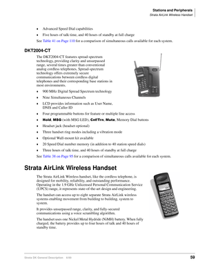 Page 75Stations and Peripherals
Strata AirLink Wireless Handset
Strata DK General Description    6/0059
Advanced Speed Dial capabilities
Five hours of talk time, and 40 hours of standby at full charge
See Table 41 on Page 110 for a comparison of simultaneous calls available for each system.
DKT2004-CT
The DKT2004-CT features spread-spectrum 
technology, providing clarity and unsurpassed 
range, several times greater than conventional 
analog cordless telephones. Spread-spectrum 
technology offers extremely...