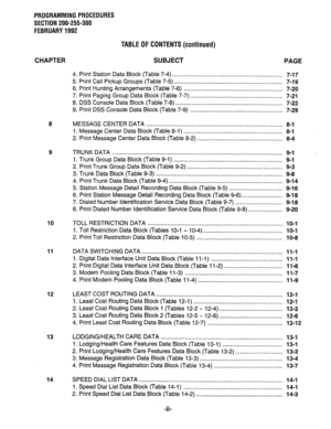 Page 112PROGRAMMING PROCEDURES 
SECTION 200-255-300 
FEBRUARY 1992 
TABLE OF CONTENTS (continued) 
CHAPTER SUBJECT 
PAGE 
4. Print Station Data Block (Table 7-4) 
.................................................................... 7-17 
5. Print Call Pickup Groups (Table 7-5) ................................................................... 
7-19 
6. Print Hunting Arrangements (Table 7-6) ............................................................. 7-20 
7. Print Paging Group Data Block (Table 7-7)...