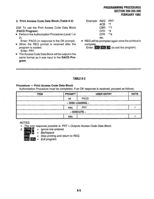 Page 142PROGRAMMINGPROCEDURES 
SECTION 200-255-306 
FEBRUARY1992 
2. Print Access Code Data Block (Table 6-2) 
2.01 To use the Print Access Code Data Block 
(PACD Program): 
l Perform the Authorization Procedure (Level 1 or 
a 
Enter: PACD (in response to the OK prompt). 
l When the REQ prompt is received after the 
program is loaded: 
Enter: PRT. 
l The Access Code Data Block will be output in the 
same format as it was input in the DACD Pro- 
gram. Example: REQ PRT 
ACB *7 
CBR **7 
CFD *9 
CFR **9 
etc. 
l...