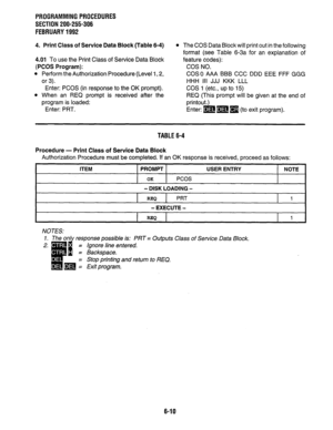 Page 147PROGRAMMINGPROCEDURES 
SECTION 200-255-306 
FEBRUARY1992 
4. Print Class of Service Data Block (Table 6-4) 
4.01 To use the Print Class of Service Data Block 
(PCOS Program): 
l Perform the Authorization Procedure (Level 1,2, 
or 3). 
Enter: PCOS (in response to the OK prompt). 
l When an REQ prompt is received after the 
program is loaded: 
Enter: PRT. 
l The COS Data Block will print out in the following 
format (see Table 6-3a for an explanation of 
feature codes): 
COS NO. 
COSO AAA BBB CCC DDD EEE...