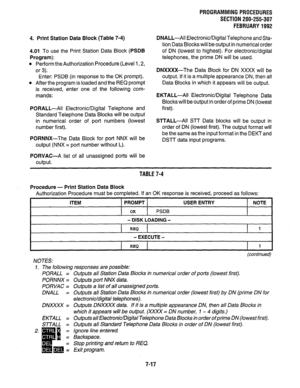 Page 1644. Print Station Data Block (Table 7-4) 
4.01 
To use the Print Station Data Block (PSDB 
Program): 
l Perform the Authorization Procedure (Level 1,2, 
or 3). 
Enter: PSDB (in response to the OK prompt). 
l After the program is loaded and the REQ prompt 
is received, enter one of the following com- 
mands: 
PORALL-All Electronic/Digital Telephone and 
Standard Telephone Data Blocks will be output 
in numerical order of port numbers (lowest 
number first). 
PORNNX-The Data Block for port NNX will be...