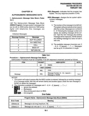 Page 245PROGRAMMING PROCEDURES 
SECTION 200-255-316 
FEBRUARY 1992 
CHAPTER 16 
ALPHANUMERIC MESSAGING DATA 
1. Alphanumeric Message Data Block (Table 
16-1) 
1.01 The Alphanumeric Message Data Block 
(DMSG Program) changes system messages that 
can be left on 6000-series electronic/l OOO-series 
digital LCD telephones (five messages are 
initialized). 
Initialized Messages: 
I 2 
I CALL 
I 
I 3 
I BACK AT 
I 
I 4 
I RETURN ON 
I REQ (Request)-Indicates that the program has 
loaded. The only response possible is...