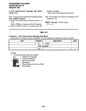 Page 246PROGRAMMINGPROCEDURES 
SECTION 200-255-316 
FEBRUARY1992 
2. Print Alphanumeric Message Data Block program is loaded: 
(Table 16-2) Enter: One of the following commands: 
2.01 To use the Print Alphanumeric Message Data ALL-The system will output all messages in the 
Block (PMSG Program): system (0 - 9). 
l Perform the Authorization Procedure (Level 1,2, 
or 3). MSGX-Message X will be output. 
Enter: PMSG (in response to the OK prompt). x=0-9. 
l When the REQ prompt is received after the 
TABLE16-2...