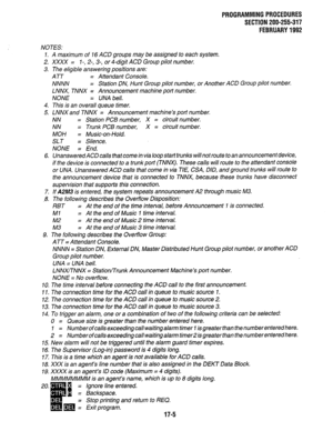 Page 251PROGRAMMINGPROCEDURES 
SECTION 200-255-317 
FEBRUARY1992 
NOTES: 
1. A maximum of 16 ACD groups may be assigned to each system. 
2. XXXX = I-, 2-, 3-, or 4-digit ACD Group pilot number. 
3. The eligible answering positions are: 
ATT = Attendant Console. 
NNNN = Station DN, Hunt Group pilot number, or Another ACD Group pilot number. 
LNNX, TNNX = Announcement machine port number. 
NONE = UNA bell. 
4. This is an overall queue timer. 
5. LNNX and TNNX = Announcement machine’s port number. 
NN = Station PCB...