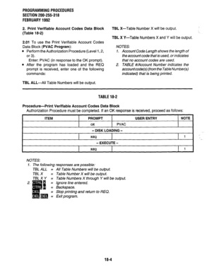 Page 257PROGRAMMING PROCEDURES 
SECTION 200-255-318 
FEBRUARY 1992 
2. Print Verifiable Account Codes Data Block 
(Table 18-2) 
2.01 
To use the Print Verifiable Account Codes 
Data Block 
(PVAC Program): 
l Perform the Authorization Procedure (Level 1,2, 
or 3). 
Enter: PVAC (in response to the OK prompt). 
l After the program has loaded and the REQ 
prompt is received, enter one of the following 
commands: 
TBL ALL-All Table Numbers will be output. 
TBL X-Table Number X will be output. 
TBL X Y-Table Numbers X...