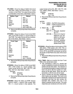 Page 266STLCNNX-Gives the status of station line circuit 
NNX (NN = station line PC6 number; X = circuit 
number on that PCB). The output format will be 
a combination of two items. (See Notes 1 and 2.) 
Station Type’ 
EKT 
ATT 
UNEQ 
UNAS 
Example: 
REQ Status2 
BSY 
DIS TTY 
DIS CBL 
DIS TLD 
STLC002 
CKT 2 EKT IDL 
l Returns the REQ prompt when the printout is 
complete. 
SlTKNNX-Gives the status of trunk circuit NNX 
(NN = trunk PCB number; X = circuit number on 
that PCB). The output format will be a...