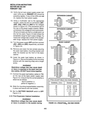 Page 28INSTALLATION INSTRUCTIONS 
SECTION 200-255-204 
FEBRUARY 1992 
12) Verify that all main power supply power indi- 
cator LEDs are on 
(RINGER LED should be 
pulsating rapidly). If any of the LEDs are not 
on, replace the main power supply. 
13) Using a multimeter (set to the appropriate 
ranges), check the pins on connectors J201, 
J202, J203, J703 and J803 for the voltages 
shown in Figure 4-9. (The connectors are on 
the rear of the power supply chassis.) Meas- 
ure between the voltage pin and a ground...