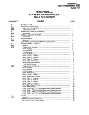 Page 274PERCEPTIONeh, 
LCR/TR PROGRAMMING GUIDE 
MARCH 1991 
PARAGRAPH 
1. 
2. 
2.00 
2.10 
3. 
3.00 
4. 
4.00 
5. 
5.00 
6. 
6.00 
6.10 
6.20 
7. 
7.00 
PERCEPTION,,, 
LCR/TR PROGRAMMING GUIDE 
TABLE OF CONTENTS 
SUBJECT PAGE 
INTRODUCTION .............................................................................................. 
GENERAL DESCRIPTION ............................................................................... 
Least Cost Routing (LCR)...