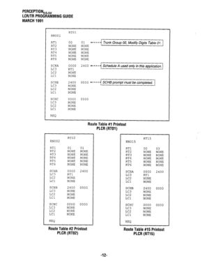 Page 286PERCEPTION,&, 
LCR/TR PROGRAMMING GUIDE 
MARCH 1991 
RTOl 
RN001 
RTl 
RT2 
RT3 
RT4 
RT5 
RT6 
SCHA 
LC3 
LC2 
LCl 
SCHB 
LC3 
LC2 
LCl 
SCHC 
LC3 
LC2 
LCl 
REQ 
00 01 + - - - Trunk Group 00, Modify Digits Table 0 1. NONE NONE 
NONE NONE 
NONE NONE 
NONE NONE 
NONE NONE 
0000 2400 a---- 
RTl 
Schedule A used only in this application. 
NONE 
NONE 
2400 
0000 l ---- SCHB prompt must be completed. NONE 
NONE 
NONE 
0000 0000 
NONE 
NONE 
NONE 
RT02 
RN002 
RTl 01 01 
RT2 NONE NONE 
RT3 NONE NONE 
RT4 NONE...