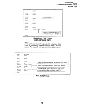 Page 287PERCEPTION,,,, 
LCRflR PROGRAMMING GUIDE 
MARCH 1991 
PLCR 
REQ MDT1 
TN001 
DLT NONE +---jI-secondpause.1 
ADD *1 
REQ MDT3 
TN003 
DLT NONE 
ADD 17300000387654 
: 
REQ 
NOTE: 
Modify Digits Table Printout 
PLCR (MDT1 AND MDT3) 
A 1 -second pause is usually required when using Loop Start 
trunks, to allow the CO line enough time to attach a receiving 
register. This is usually not required for Ground Start trunks. 
COD 
OK PTOL 
REQ PAR 
HAC 714 
+ - - - - - - - - 
ICC N These parameters are the same as...