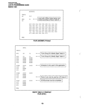 Page 292PERCEPTIONeh, 
LCR/TR PROGRAMMING GUIDE 
MARCH 1991 
TN001 
AC 
RN0 
oc 
REQ AOCNOOl 
312 
01 .---- Local calls (Office Codes below) are 
routed according to Route Table 81 
223 232 244 249 258 289 331 333 336 
356 362 367 371 381 382 426 428 433 
458 464 466 479 526 534 540 546 552 
554 556 557 563 584 587 594 623 634 
658 662 669 672 680 683 689 695 697 
741 742 746 830 83-l 840 844 851 859 
879 888 892 896 946 972 
PLCR (AOCNOOl) Printout 
RTOl 
RN001 
RTl 00 01 
RT2 03 01 
RT3 NONE NONE 
RT4 NONE...