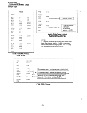 Page 294PERCEPTION,&,, 
LCf?/TR PROGRAMMING GUIDE 
MARCH 1991 
RT15 
RN015 
RTl 00 02 
RT2 04 
01 
RT3 03 
02 
RT4 
NONE 
NONE 
RT5 NONE 
NONE 
RT6 
NONE NONE 
SCHA 0000 
2400 
LC3 
RTl 
LC2 RT2 
LCl RT3 
SCHB 2400 
2400 
LC3 NONE 
LC2 NONE 
LCl NONE 
SCHC 2400 
0000 
LC3 NONE 
LC2 NONE 
LCl NONE 
REQ 
Route Table #I5 Printout 
PLCR (RT15) 
REQ MDT1 
TN001 
DLT 
NONE 
I 
ADD *1 +--------- 
I -second pause. 
REQ MDT2 
TN002 
DLT 
ADD 
REQ ~~~;00000*36543~-~~ 
Modify Digits Table Printout 
PLCR (MDT1 and MDTP)...