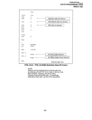 Page 295PERCEPTION,B,, 
LCR/TR PROGRAMMING GUIDE 
MARCH 1991 
TYPE 
CNO 
OPR 
INT 
LDA 
ACT 
ACD 
OCT 
OCD 
TYPE 
SAV 
REQ 
> 
COD 
OK 
REQ 
ARC A 
OFC A 
REQ CHG 
CLS 
0 
N *------- 
Operator calls not allowed. 
1 
N *------- 
International calls not allowed. 
r 
N f------- 
555 calls not allowed. 
D 
D 
N 
PTOL 
CLSCNO 
NONE +---------I No Area Codes allowed. 1 
NONE 4--------- No Office Codes (local) allowed. 
(Internal calls only) 
DTDL (CLS) - PTDL (CLSCNO) Restriction Class #O Printout 
NOTE: 
Stations can...