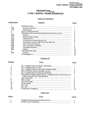 Page 319PARAGRAPH 
1. 
1 .oo 
1.10 
2. 
3. 
3.00 
3.10 
3.20 
3.30 
3.40 
3.50 
3.60 
3.70 
3.80 
4 
4.00 
FIGURE 
7 
8 
9 
10 
11 
12 
13 
TABLE 
1 
2 
PERCEPTIONeh,, 
Tl/DS-1 DIGITAL TRUNK INTERFACE 
SEPTEMBER 1991 
PERCEPTIONeh,, 
Tl/DS-1 DIGITAL TRUNK INTERFACE 
TABLE OF CONTENTS 
SUBJECT 
PAGE 
INTRODUCTION .............................................................................................. 
1 
General Information...