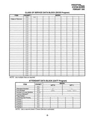 Page 348PERCEPTIONeh,, 
SYSTEM RECORD 
FEBRUARY 1992 
CLASS OF SERVICE DATA BLOCK (DCOS Program) 
NOTE: Use multiple lines as required. 
AlTENDANT DATA BLOCK (DATT Program) 
ITEM 
Attendant Number PROMPT 
REQ 
AN0 
ENTRY 
Al-l-0 ATT1 
0 
1 
NOTE: Use a second sheet if Tenant Service is activated. 
-3-  