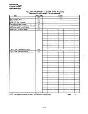 Page 357PERCEPTION,~,, 
SYSTEM RECORD 
FEBRUARY 1992 
ITEM 
sub-program Type 
Iass Number 
TOLL RESTRICTION DATA BLOCK (DTOL Program) 
Restriction Class Table (CLS Sub-program) 
‘ROMPT 
ENTRY 
REQ CHG 
TYPE 
CLS 
CNO 
. _.. 
a and i + Calls Allowed 
nternational Calls Allowed 
-ong Dist. Directory Assistance Allowed 
4rea Code Table (Allow/Deny) 
Area Code List (Add/Delete) 
34 ice Code Table (Allow/Deny) 
Mice Code List (Add/Delete) OPR 1 I 
INT 1 
1 I 
I I I I I I 
OCT 
NOTE: Use a separate sheet for each Toll...