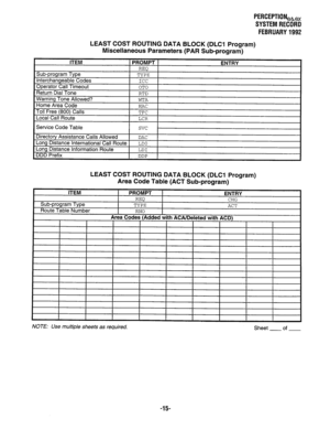 Page 360PERCEPTIONeh, 
SYSTEMRECORD 
FEBRUARY1992 
LEAST COST ROUTING DATA BLOCK (DLCl Program) 
Miscellaneous Parameters (PAR Sub-program) 
LEAST COST ROUTING DATA BLOCK (DLCl Program) 
Area Code Table (ACT Sub-program) 
NOTE: Use multiple sheets as required. 
Sheet of 
-15-  