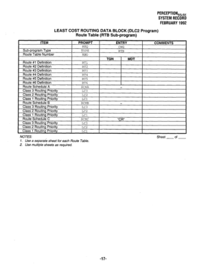 Page 362PERCEPTIONeh, 
SYSTEM RECORD 
FEBRUARY 1992 
LEAST COST ROUTING DATA BLOCK (DLC2 Program) 
Route Table (RTB Sub-program) 
NOTES: 
1. Use a separate sheet for each Route Table. 
2. Use multiple sheets as required. Sheet of 
-17-  