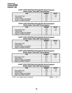 Page 363PERCEPTION,~,, 
SYSTEM RECORD 
FEBRUARY 1992 
LEAST COST ROUTING DATA BLOCK (DLC2 Program) 
Modify Digits Table (MDT Sub-program) 
ITEM 
PROMPT ENTRY 
REQ CHG 
Sub-program Type 
TYPE 
MDT 
Table Number 
TN0 
Number of Digits to be Deleted 
DLT 
Digits to be Added (Prefixed) 
ADD 
LEAST COST ROUTING DATA BLOCK (DLC2 Program) 
Modify Digits Table (MDT Sub-program) 
ITEM PROMPT 
ENTRY 
REQ 
CHG 
Sub-program Type 
TYPE 
MDT 
Table Number 
TN0 
Number of Digits to be Deleted 
DLT 
Digits to be Added...