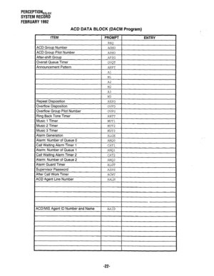 Page 367PERCEPTION,,, 
SYSTEM RECORD 
FEBRUARY 1992 
ACD DATA BLOCK (DACM Program) 
ITEM 
ACD GrouD Number 
PROMPT 
REQ 
AGNO 
ENTRY 
ACD Group Pilot Number APNO 
After-shift Group AFSG 
1 OVQT 1 
1 ANPT 1  Overall Queue Timer 
Announcement Pattern 
Repeat Disposition 
Overflow Disposition 
Overflow Group Pilot Number 
Ring Back Tone Timer 
Music 1 Timer 
Music 2 Timer 
Music 3 Timer 
Alarm Generation Al 
Ml 
A2 
M2 
A3 
M3 
REPD 
OVFD 
OVFG 
RBTT 
MUTl 
MUT2 
MUT3 
I 
I 
ACD/MIS Agent ID Number and Name AAID 
I...