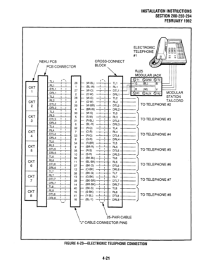 Page 43INSTALLATION INSTRUCTIONS 
SECTION 200-255-204 
FEBRUARY1992 
NEKU PCB 
PCB CONNECTOR 
1 
CKT 
1 
CKT 
2 
CKT 
3 
CKT 
4 
CKT 
5 
CKT 
c 
26 - 
1 - 
27 - 
2 - 
28 - 
3 - 
29 - 
4 - 
30 - 
5 - 
31 - 
6 - 
32 - 
7 - 
33 - 
8 - 
34 - 
9 - 
35 - 
10 - 
36 - 
11 - 
37 - 
CKT 
8 
1 RL7 i ; 
CROSS-CONNECT 
BLOCK 
(W-BL) 
(BL-W) 
W-0) 
(0-W 
W-G) 
G-W 
(W-BR) VI,.I,V 
TAILCO 
TO TELEPWNF *p 
TO TELEPHONE #3 
TO TELEPHONE #4 
TO TELEPHONE #5 
TO TELEPHONE #6 
(G-W 1 f RL7 
(BK-BR) i 1 DTL7 
(BR-BK) ; ! DRL7 
W-S)...