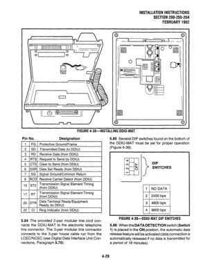 Page 51INSTALLATlONlNSTRUCTlONS 
SECTION 200-255-204 
FEBRUARY1992 
FIGURE 4-38-INSTALLING DDIU-MAT 
Pin No. Designation 
1 FG Protective Ground/Frame 
2 SD Transmitted Data (to DDIU) 
3 RD Receive Data (from DDIU) 
4 RTS Request to Send (to DDIU) 
5 CTS Clear to Send (from DDIU) 
6 DSR Data Set Readv (from DDIU) 
1 7 1 SG 1 Sianal Ground/Common Return 
1 
1 8 (RCDI Receive Carrier Detect (from DDIU) 
1 
1 15 /ST21 Transmission Signal Element Timing 
(from DDIU) I 
, 7 RT Transmission Signal Element Timing...