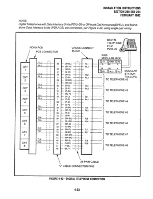 Page 55INSTALLATION INSTRUCTIONS 
SECTIONZOO-255-204 
FEBRUARY1992 
NOTE: 
Digital Telephones with Data Interface Units (PDIU-DI) or Off-hook Cal/Announce (DVSU), and Stand- 
a/one Data Interface Units (PDIU-DS) are connected, per Figure 4-42, using single-pair wiring. 
NDKU PCB 
I PCB CONNECTOR 
26 
1 
27 
2 
28 
3 
29 
4 
30 
5 
31 
6 
-I TL4 I l 
DI ” I I I 32 I- 
I I La 
I 
-. - 1 34 l- 
I 
I I 
I I 37 
l-I 7 I I 
I k 12 
I I 
I 15 l- 
(W-BL) 
(BL-W) 
(W-0) 
(0-W) 
(W-G) 
G-W) 
(W-BR) 
(BR-W) 
W-S) - TLl 
-...