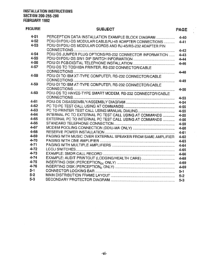 Page 9INSTALLATION INSTRUCTIONS 
SECTION 200-255-200 
FEBRUARY 1992 
FIGURE 
4-51 
4-52 
4-53 
4-54 
4-55 
4-56 
4-57 
4-58 
4-59 
4-60 
4-61 
4-62 
4-63 
4-64 
4-65 
4-66 
4-67 
4-68 
4-69 
4-70 
4-71 
4-72 
4-73 
4-74 
4-75 
4-76 
5-l 
5-2 
5-3 
SUBJECT 
PAGE ” 
PERCEPTION DATA INSTALLATION EXAMPLE BLOCK DIAGRAM.. 
................. 4-40 
PDIU-DI/PDIU-DS MODULAR CABLURJ-45 ADAPTER CONNECTIONS 
........... 4-41 
PDIU-DI/PDIU-DS MODULAR CORDS AND RJ-45/RS-232 ADAPTER PIN 
CONNECTIONS.....