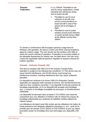 Page 123Russian
Federation:Limitede.i.r.p 100mW. Permitted to use only for indoor applications, closed
industrial and warehouse areas,
and on board aircraft.
1. Permitted to use for local networks of aircraft crew
service communications on
board aircraft in area of the
airport and at all stages of
flight.
2. Permitted to use for public wireless access local networks
on board aircraft during a flight
at the altitude not less than
3000m.   
To remain in conformance with European spectrum usage laws for Wireless...