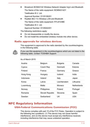 Page 127Broadcom BCM43142 Wireless Network Adapter b/g/n and Bluetooth
The Name of the radio equipment: BCM943142Y
Telefication B.V. Ltd.
Approval Number: D135106201
Realtek 802.11n Wireless LAN and Bluetooth
The Name of the radio equipment: RTL8723BE
Telefication B.V. Ltd.
Approval Number: D135042201
The following restrictions apply:
Do not disassemble or modify the device.
Do not install the embedded wireless module into other device.
Radio approvals for wireless devices This equipment is approved to the radio...