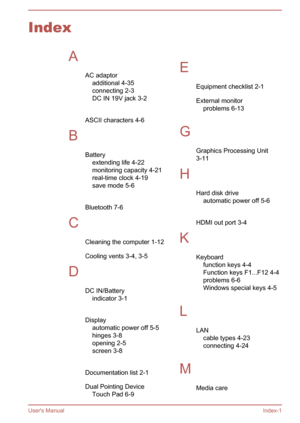 Page 137IndexAAC adaptoradditional 4-35
connecting 2-3
DC IN 19V jack 3-2
 
ASCII characters 4-6
B Batteryextending life 4-22
monitoring capacity 4-21
real-time clock 4-19
save mode 5-6
 
Bluetooth 7-6
C Cleaning the computer 1-12
Cooling vents 3-4, 3-5
D DC IN/Batteryindicator 3-1
 
Display automatic power off 5-5
hinges 3-8
opening 2-5
screen 3-8
 
Documentation list 2-1
Dual Pointing Device Touch Pad 6-9 
E Equipment checklist 2-1
External monitor problems 6-13
 
G Graphics Processing Unit 
3-11
H Hard disk...