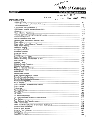 Page 1A& HP * 
c 
Table of Contents 
PAGE 
SYSTEM FEATURE 
Access to Paging.. ........................................................................................................................... 
Account Codes: Forced, Verifiable, Voluntary.. 
............................................................................... 
Alphanumeric Trunk ID .................................................................................................................... 
Call Forward Busy (System/DID)...