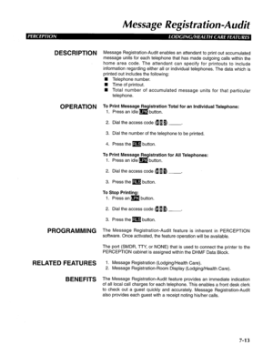 Page 174Message Registration-Audit 
DESCRIPTION M essage Registration-Audit enables an attendant to print out accumulated 
message units for each telephone that has made outgoing calls within the 
home area code. The attendant can specify for printouts to include 
information regarding either all or individual telephones. The data which is 
printed out includes the following: 
n Telephone number. 
n Time of printout. 
4 Total number of accumulated message units for that particular 
telephone. 
OPERATION To Print...