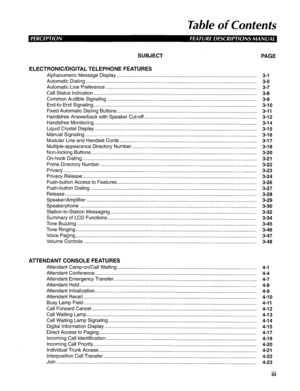 Page 3Table of Contents 
SUBJECT 
PAGE 
ELECTRONIC/DIGITAL TELEPHONE FEATURES 
Alphanumeric Message Display ...................................................................................................... 
Automatic Dialing.. ........................................................................................................................... 
Automatic Line Preference .............................................................................................................. 
Call Status...