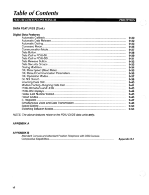 Page 6Table of Contents 
DATA FEATURES (Cont.) 
Digital Data Features 
Automatic Callback ............................................................................................................ 
Automatic Data Release .................................................................................................... 
Automatic Dialing ............................................................................................................... 
Command Mode...