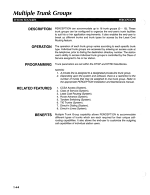 Page 52Multiple Trunk Groups 
DESCRIPTION 
OPERATION 
PROGRAMMING 
RELATED FEATURES 
BENEFITS PERCEPTION can accommodate up to 16 trunk groups (0 - 15). These 
trunk groups can be configured to organize the end-user’s trunk facilities 
to suit his or her application requirements. It also enables the end-user to 
break up different trunks and trunk types for access by the Least Cost 
Routing feature. 
The operation of each trunk group varies according to each specific trunk 
type. Individual trunk groups are...