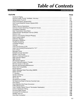 Page 8Table of Contents 
FEATURE 
PAGE 
Access to Paging ............................................................................................................................. 
Account Codes: Forced, Verifiable, Voluntary 
................................................................................. 
Alphanumeric Trunk ID .................................................................................................................... 
Call Forward Busy (System/DID)...