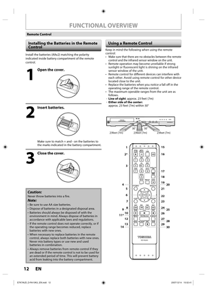 Page 1212 EN12 EN
FUNCTIONAL OVERVIEW
Remote Control
Installing the Batteries in the Remote 
Control
Keep in mind the following when using the remote 
control:
•  Make sure that there are no obstacles between the remote 
control and the infrared sensor window on the unit.
•  Remote operation may become unreliable if strong 
sunlight or fluorescent light is shining on the infrared 
sensor window of the unit.
•  Remote control for different devices can interfere with 
each other. Avoid using remote control for...
