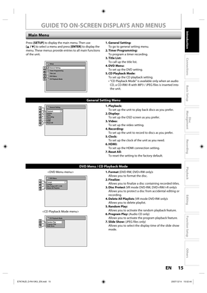 Page 1515 EN15 EN
Disc 
Management
Recording
Playback
Introduction
Connections
Basic Setup
Editing
Function Setup
Others
1. Format (DVD-RW, DVD+RW only):
  Allows you to format the disc.
2. Finalize:
  Allows you to finalize a disc containing recorded titles.
3. Disc  Protect (VR mode DVD-RW, DVD+RW/+R only): 
  Allows you to protect a disc from accidental editing or 
recording.
4. Delete All Playlists (VR mode DVD-RW only):
  Allows you to delete playlist.
5. Random  Play:
  Allows you to activate the random...