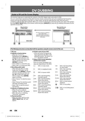 Page 4444 EN44 EN
DV DUBBING
Guide to DV and On-Screen Display
This function helps you to easily dub the contents of the DVC (digital video camcorder) to DVD.
You can control basic operations of the DVC from the remote control of this unit such as playback, fast forward or 
reverse and stop all operations if the DVC is in video mode. Use the DV cable that has 4-pin input jack and is 
compliance with the IEEE1394 standards. When you connect to DV IN jack on the front of this unit, select “DV” position 
by using...